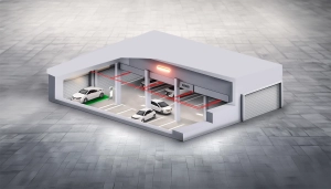 Modello 3D di un impianto antincendio di un'autorimessa con veicoli elettrici.