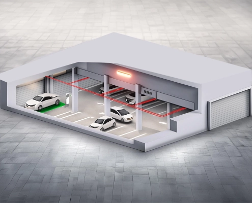 Modello 3D di un impianto antincendio di un'autorimessa con veicoli elettrici.