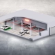 Modello 3D di un impianto antincendio di un'autorimessa con veicoli elettrici.