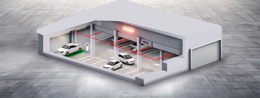 Modello 3D di un impianto antincendio di un'autorimessa con veicoli elettrici.