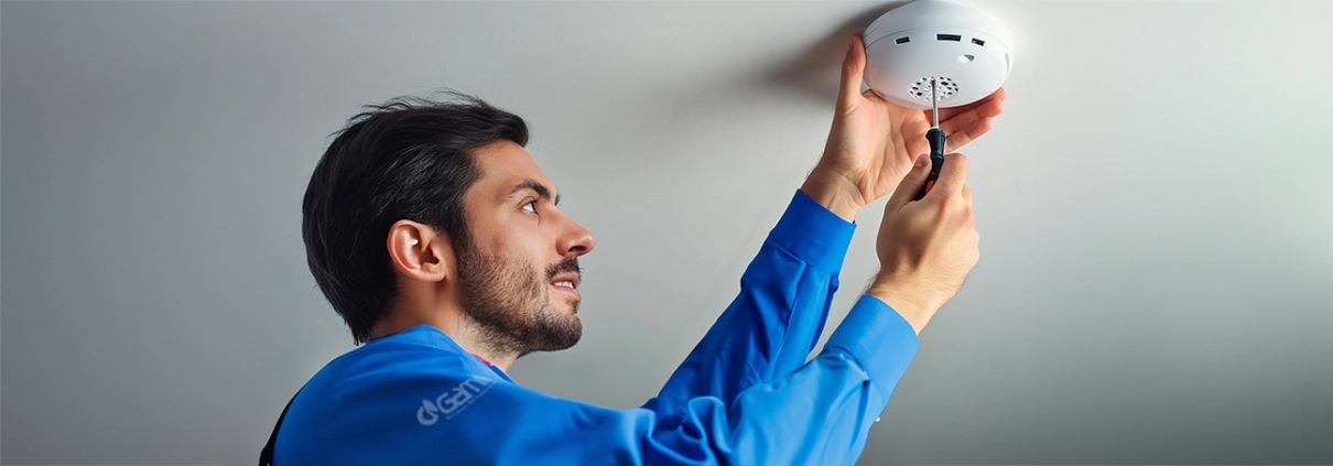 Rilevatore di fumo 2 Tecnico antincendio Gami che fa manutenzione su un rivelatore di fumo.