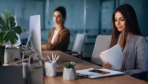 Donne lavorano insieme all&rsquo;interno di un ufficio copia
