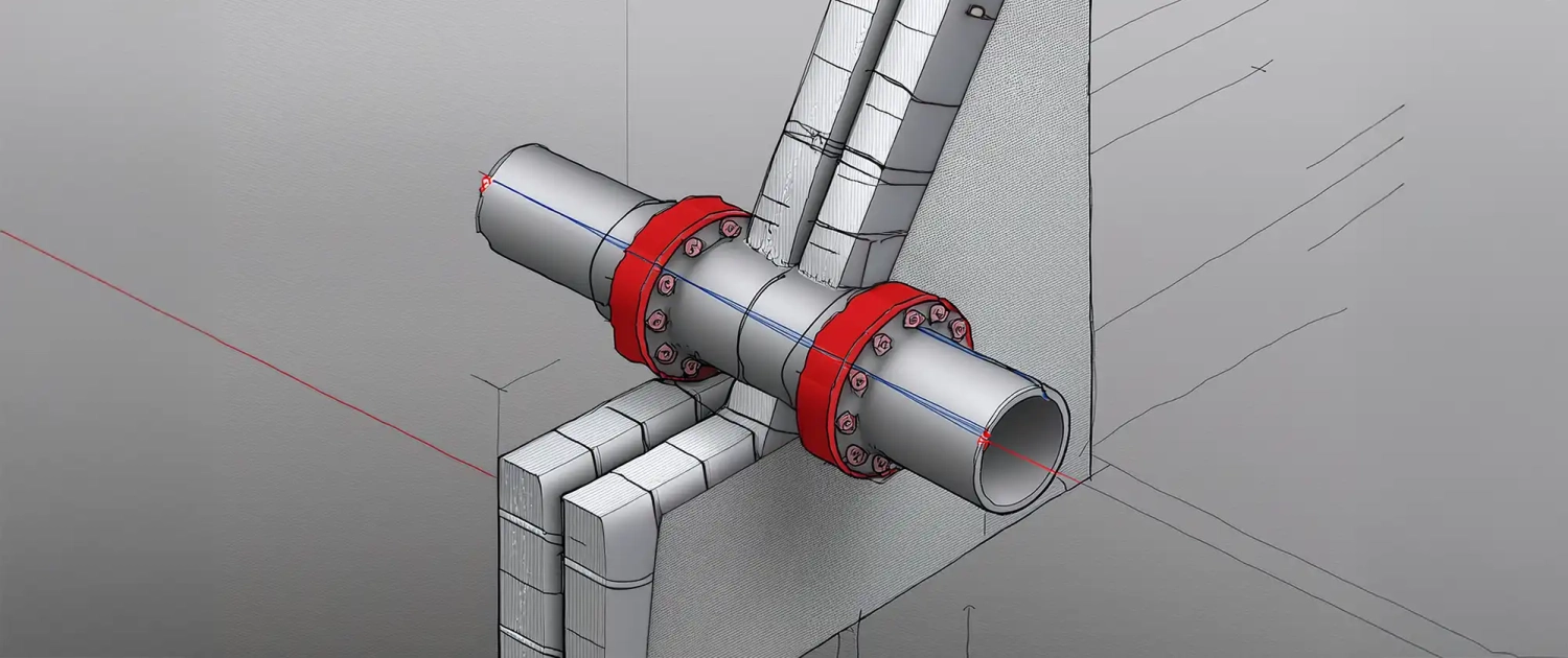Disegno 3D di sezione di muro con tubo passante e collare antincendio
