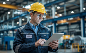 Un tecnico RSPP legge un tablet all'interno di un capannone industriale