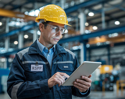 Un tecnico RSPP legge un tablet all'interno di un capannone industriale