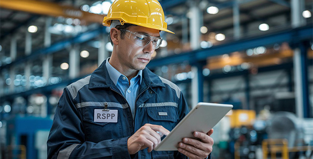 Un tecnico RSPP legge un tablet all'interno di un capannone industriale