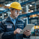 Un tecnico RSPP legge un tablet all'interno di un capannone industriale
