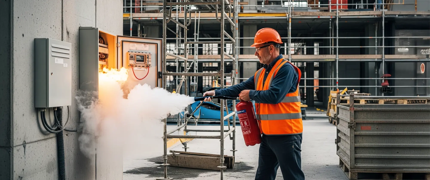 incendio nei cantieri edili Operaio spegne incendio di un pannello elettrico in un cantiere