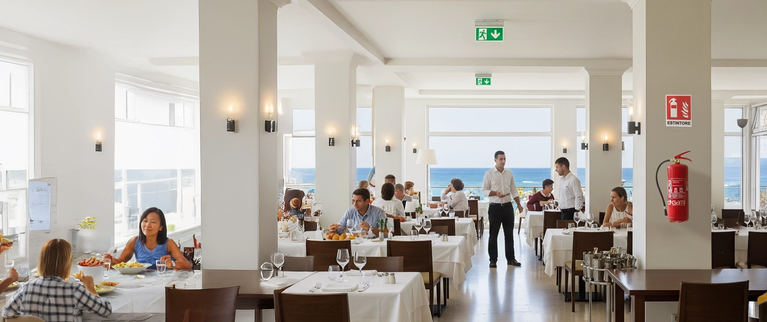 Sicurezza antincendio per strutture turistiche 2 Ristorante con turisti e dispositivi antincendio come estintori, rilevatori di fumo e segnaletica di sicurezza