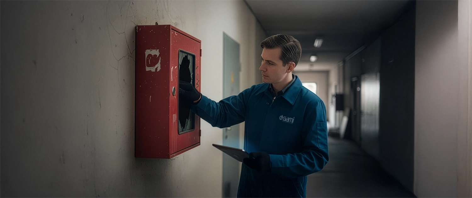 Vandalismo e sicurezza antincendio-manutentore Un manutentore controlla una cassetta idrante a muro antincendio vandalizzata